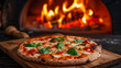 Freshly Baked Margherita Pizza with Basil and cheese in Front of burning wood oven and elements of ingredients.