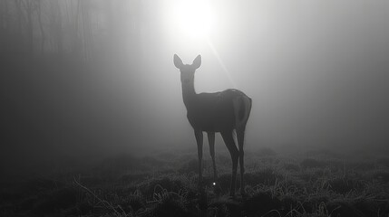 Wall Mural -  Deer stands amidst foggy field, sun pierces fog with rays