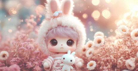 Wall Mural - Lovely fluffy cute doll with copy space pastel color, baby doll