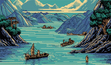 Pixel Art River Scene With Boats And Mountains..