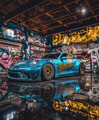 fast sports sky blue drift race car in a garage with graffitti wall art