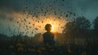   Person in field with flock of birds above, sun behind