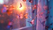   A window emitting a multitude of butterflies, accompanied by a radiant light escaping from behind it