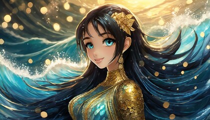 Wall Mural - anime-style hyper-surrealistic gorgeous mermaid with face leaning into the camera with super long hair, waves crashing in the background, massive beautiful realistically detailed eyes 