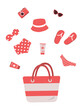 Beach accessories falling into a beach bag. Red swimsuit, swimming trunks, hat, sunglasses, flip flops, sunscreen, camera. Hello Summer Concept. Vector illustration on white