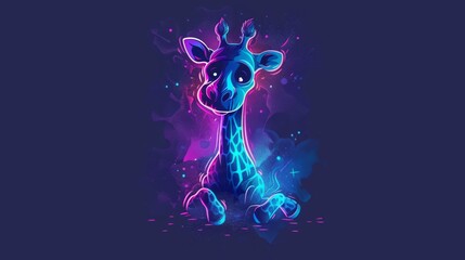 Wall Mural -   A giraffe with blue-purple hue sits atop a blue floor, beside a blue wall against a black backdrop