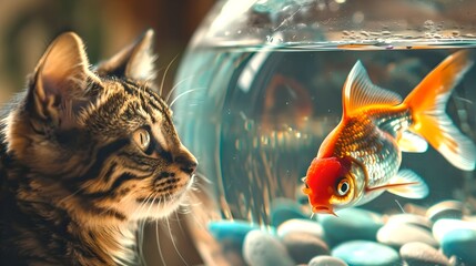 Wall Mural - Curious Tabby Cat Observes a Bright Goldfish in a Bowl. Domestic Feline and Aquatic Pet Interaction. A Moment of Household Serenity and Animal Curiosity. AI