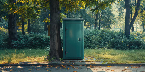 Biotoilet stall outside in the park, nobody. Improvement of public area, public toilets.