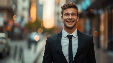 Wall Mural - portrait of a handsome smiling young businessman boss in a black suit walking on a city street to his company office. blurry street background, confident