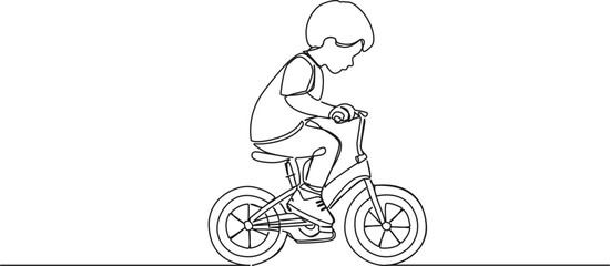 Wall Mural - continuous single line drawing of young boy on childrens bicycle, line art vector illustration
