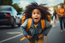 Black Schoolgirl With A Backpack Crosses A Dangerous Section Of The Road At An Unregulated Pedestrian Crossing, Going To School. Attention On The Road, Violation Of Traffic Rules