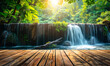 Lush Tropical Paradise: Wooden Table Canvas for Product Staging with Rainforest Waterfall Backdrop