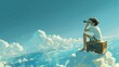 Witness a captivating scene where a young boy, clutching a pair of binoculars, sits atop a floating suitcase amidst the vast expanse of the sea.


