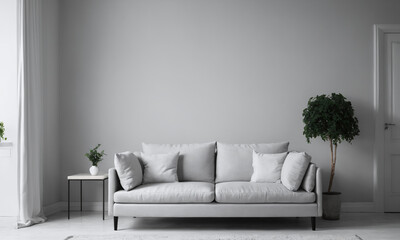 A white sofa stands in the living room by the window, allowing natural light to flood in.