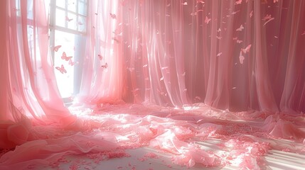 Wall Mural -   A room featuring pink curtains framing the window, a bed dressed in a white comforter, and pink curtains adorned with butterflies