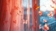   A curtain-draped window frames butterflies taking flight, escaping to the outdoors