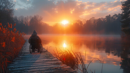 Poster - A man in a wheelchair is fishing on a pier by a lake. Image created by AI