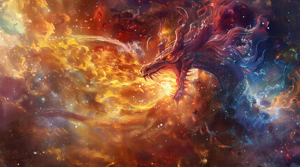 Wall Mural - illustration of a big dragon fight for a book cover with a copy space background