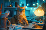 Fototapeta  -  The red cat sitting with the laptop wearing the glasses, looking into laptope