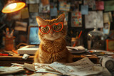 Fototapeta Do przedpokoju -  The red cat wearing the glasses, looking into laptop