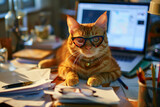 Fototapeta  -  The red cat sitting with the laptop wearing the glasses