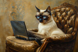 Fototapeta  - A sophisticated Siamese cat with striking blue eyes, sitting with the laptop wearing the glasses, looking into laptop