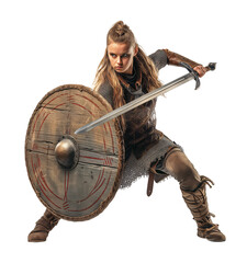 Shield-maiden in defensive pose with her shield and sword