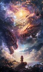 Wall Mural - illustration of a big dragon fight for a book cover with a copy space background