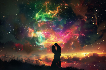 Wall Mural - A couple is kissing in the sky, surrounded by colorful clouds