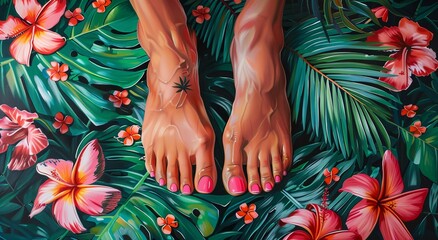 Wall Mural - a person's feet in water with flowers floating around them