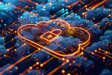 Wall Mural - a computer chip with a lock on it. the chip is surrounded by a blue sky