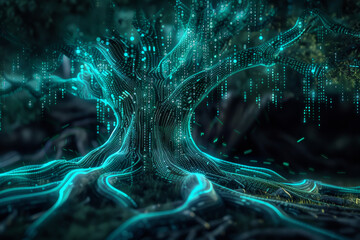 A tree with a blue trunk and green leaves
