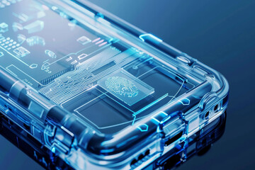 Wall Mural - a cell phone with a face on it is displayed on a circuit board. concept of technology and innovation