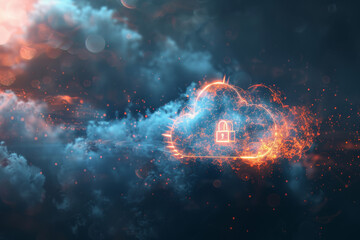 Wall Mural - a cloud with a red and blue lock on it. the lock is surrounded by sparks. concept of security and pr