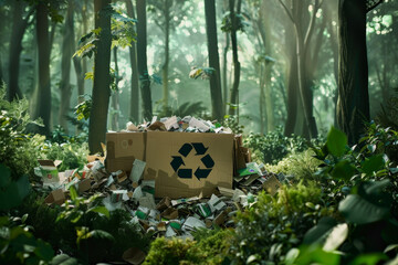 Wall Mural - A box with a recycle sign on it is sitting in a pile of trash in a forest. Concept of the importance of recycling and taking care of the environment. Scene is somewhat somber