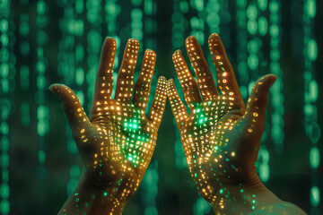 Wall Mural - two hands in a green light, with the fingers spread out. the hands are surrounded by a glowing, abst