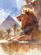 A lion basking in the sun with the Great Pyramid of Giza in the background, watercolor illustration