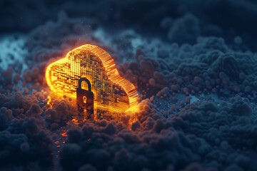 Wall Mural - a cloud with a lock on it. the lock is glowing and the cloud is surrounded by a lot of small particl