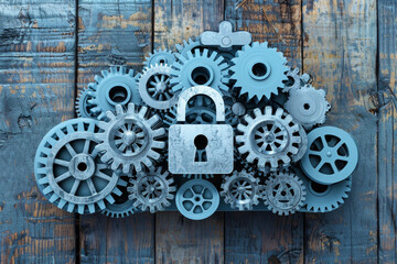Wall Mural - a blue and silver machine with a lock on it. the lock is surrounded by gears. the machine is made of