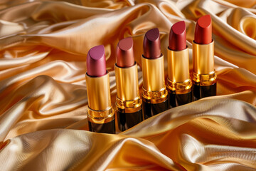 A row of five lipsticks are displayed on a gold background. The lipsticks are of different colors and are arranged in a neat row. Concept of luxury and sophistication, as the gold background