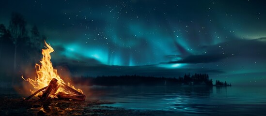 Sticker - night landscape with a bonfire burning on the beach and a northern lights in the sky. 