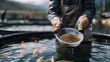 Worker holds scoop of pelleted feed fish for feeding. Concept Farm of trout and salmon.