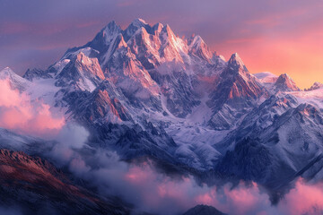 Wall Mural - A mountain range with snow on it and a pink sky in the background. The mountains are covered in snow and the sky is a beautiful pink color