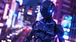 , metallic exoskeleton, fearless cyborg adventurer exploring a neon cityscape at dusk, cyberpunk vibe, 3D render, Backlights, Depth of field bokeh effect, Handheld shot view