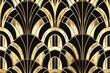 A black and red patterned wallpaper with gold accents. The design is inspired by the Art Deco style