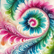 bold colors in a flowing curve of soft, feathery shapes; a water media design in deep pink, turquoise blue, green...