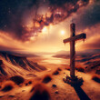 Christian cross in dramatic surreal mountain desert landscape with sky phenomenon