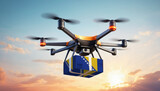 Fototapeta  - A drone delivers a box with a Bosnia and Herzegovina flag. The concept of delivering goods, food from stores to the client’s home in the Bosnia and Herzegovina.