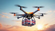 A drone delivers a box with a United Kingdom flag. The concept of delivering goods, food from stores to the client’s home in the United Kingdom.