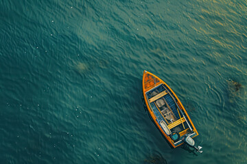 Wall Mural - Aerial view of a fisherman's boat in bay. Top view.